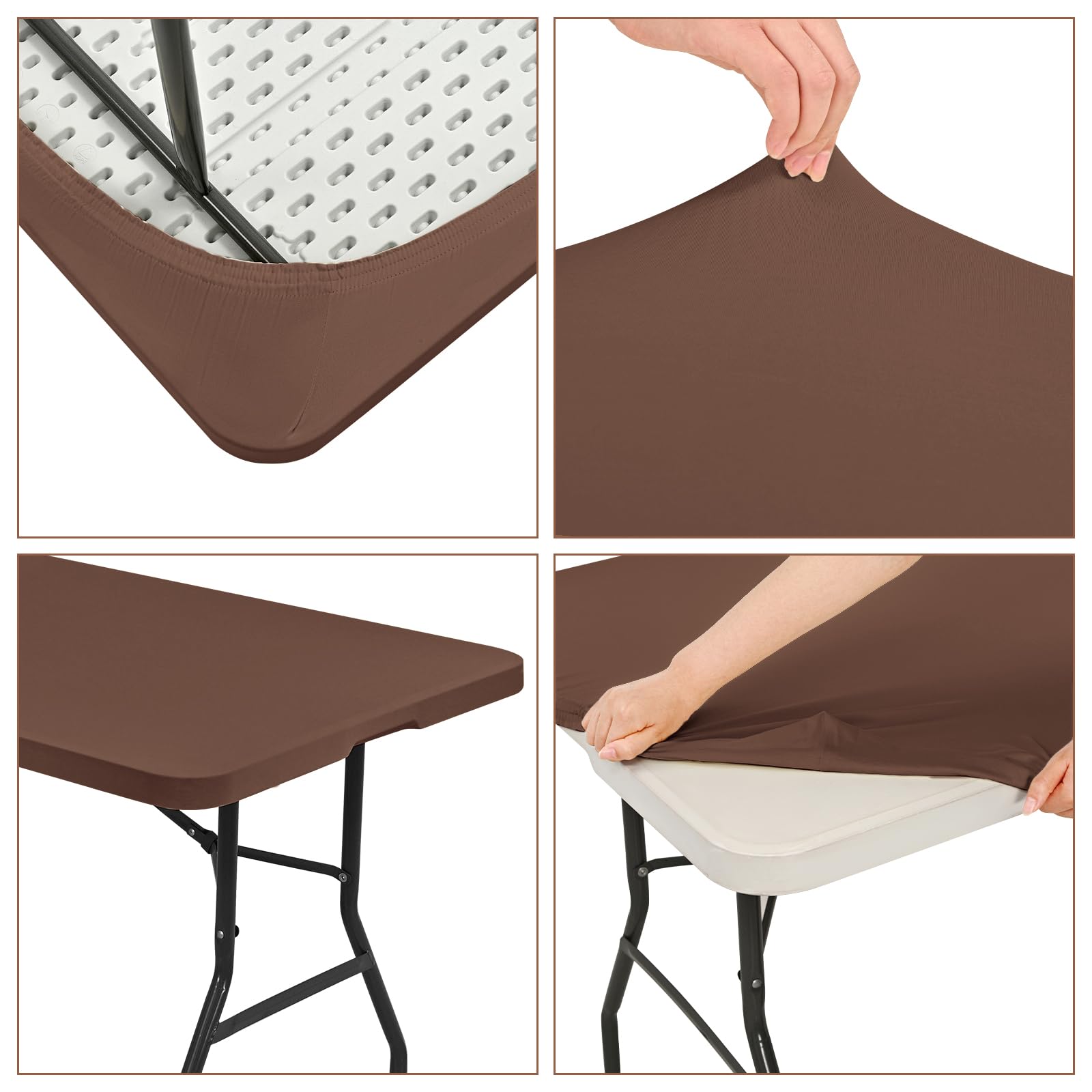 REWOMC 6 Pack Stretch Fabric Table Top Cap Cover, fits 6' Tables, Spandex Table Covers Washable Elastic Rectangle Tablecloth Protector for Indoor Outdoor Party Picnic Wedding, Coffee, 30" W x 72" L