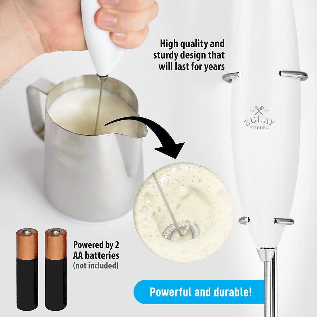 Zulay Premium Gift Milk Frother Set – Handheld Coffee Frother with Stand, 12oz/350ml Frothing Pitcher + 4 Latte Art Stencils – 13,000 RPM Motor, SS Whisk, Battery Operated – Barista Kit (White)