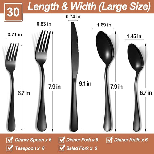 30 Pcs Black Silverware Set for 6, Food Grade Stainless Steel Flatware Set, Eating Utensils Sets Include Fork/Knife/Spoon, Reusable Cutlery Set for Home Kitchen, Dishwasher Safe, Round Edge