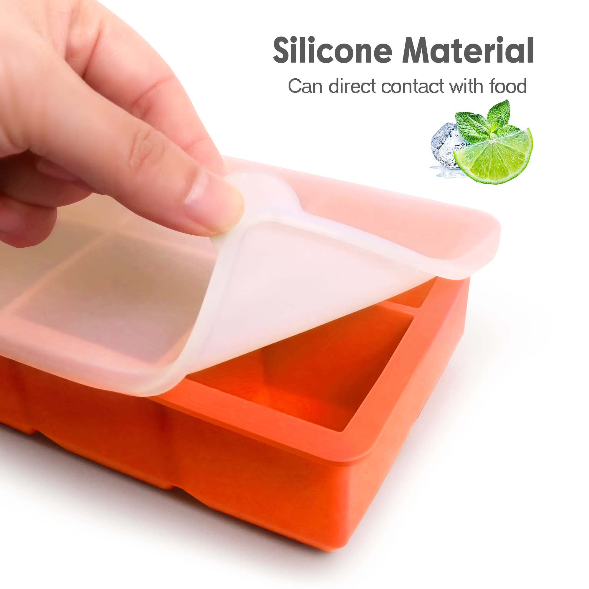 Silicone Ice Cube Trays with Lids,Large Square Ice Cube Molds for Freezer, Whiskey, Cocktail, Stackable Flexible and Reusable & Easy Release BPA Free (2 Pack&Dark Gray and Orange)