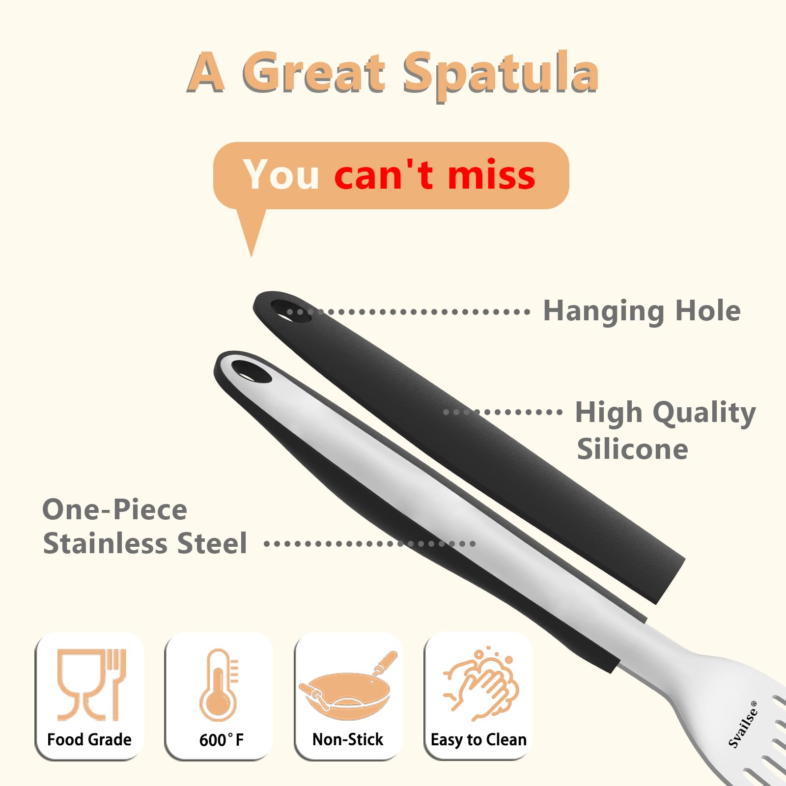 Svailse Fish Spatula Stainless Steel, Metal Spatula for Cast Iron Skillet, Slotted Turner with Silicone Handle for Cooking, Grilling, Flipping, Egg, Cookie, Pancake and Burger (Large, 13.5 Inch)