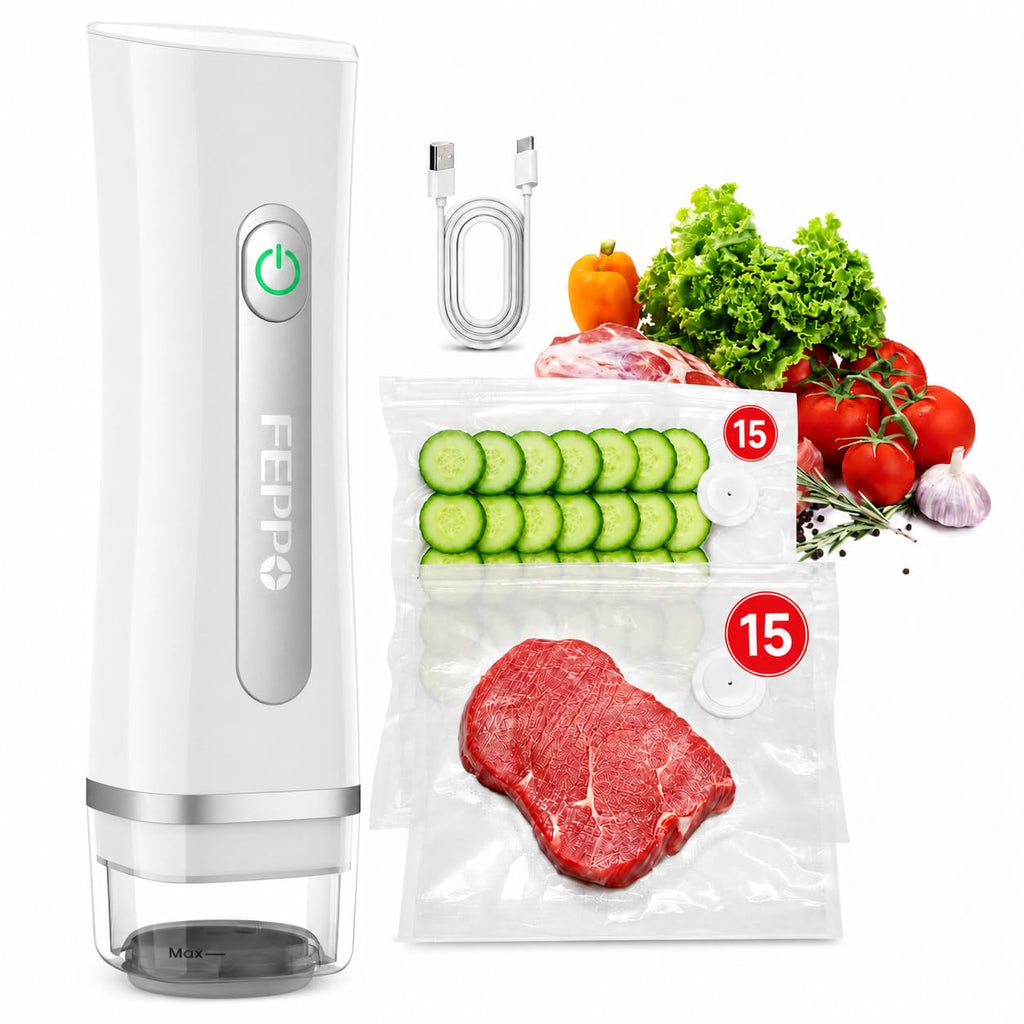 FEPPO Vacuum Sealer for Food with Visible Water Tank, 30 Reusable Bags