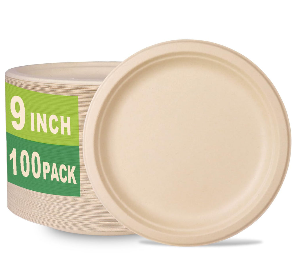 GreenWorks 100 Count 7“ Heavy-duty Compostable Plates, Unbleached Biodegradable Bagasse and Bamboo fiber Paper Plates