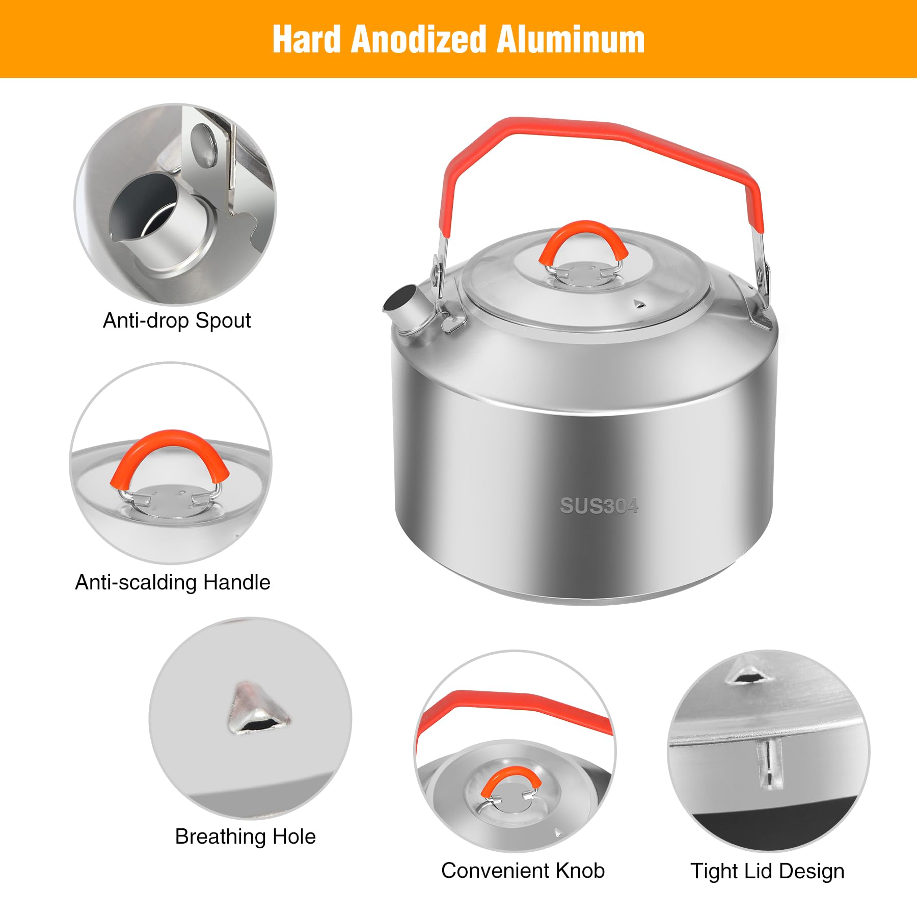 REDCAMP 1.6L Outdoor Camping Kettle, Lightweight Stainless Steel Water Pot with Carrying Bag, Compact Camp Tea Kettle Coffee Pot for Hiking Picnic Camping