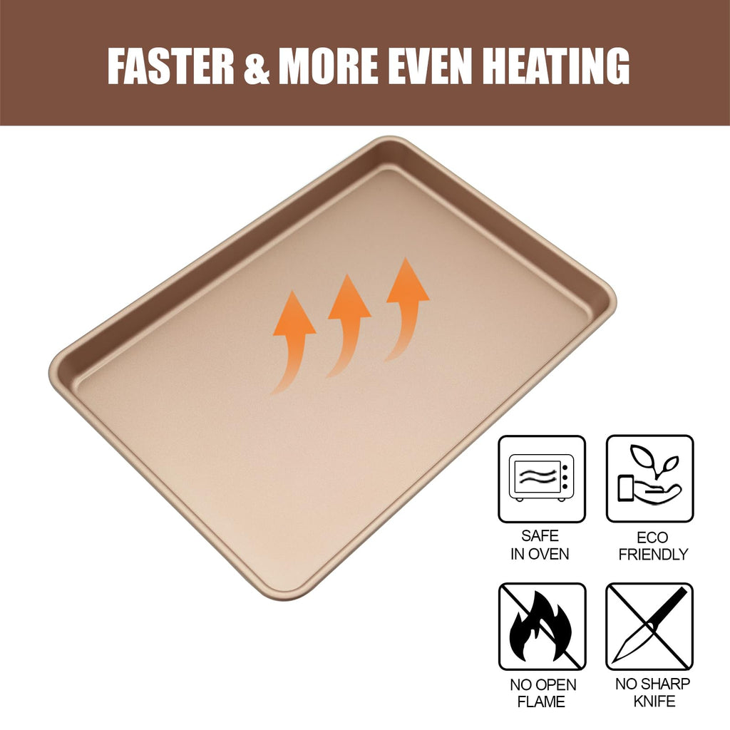 JOHO BAKING 3-Pack Nonstick Carbon Steel Baking Sheet Set | Heavy Duty 0.8mm Cookie Sheets - Large 17.8"x12" & 2 Medium 15.7"x10.8" Commercial Gold Pans for Oven, Roasting & Toaster