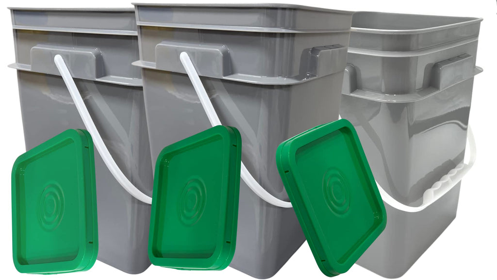 House Naturals 4 Gallon Square Food Grade Bucket Pail with Plastic Handles and Lid (Pack of 3) Made in USA containers (Gray Buckets-Green lids)