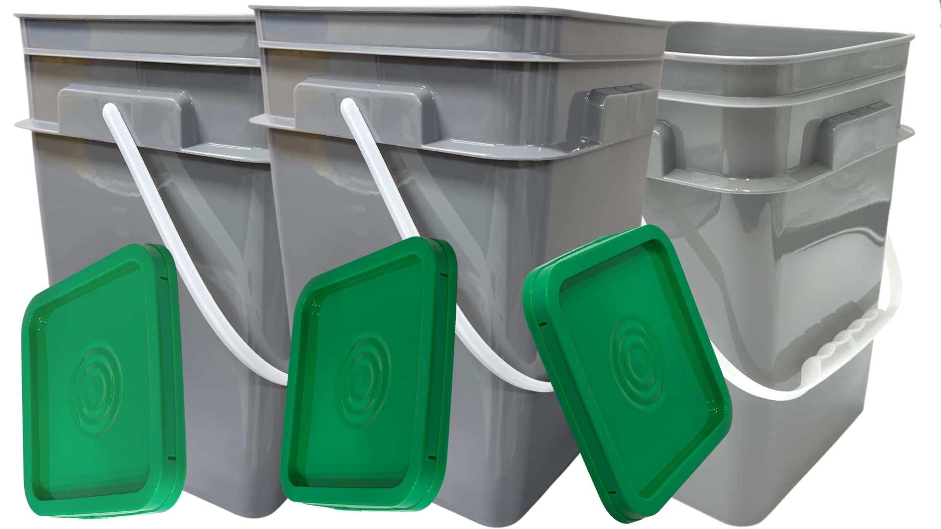 House Naturals 4 Gallon Square Food Grade Bucket Pail with Plastic Handles and Lid (Pack of 3) Made in USA containers (Gray Buckets-Green lids)
