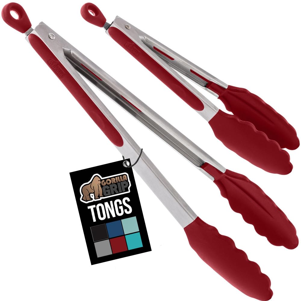 GORILLA GRIP Stainless Steel Kitchen Tongs for Cooking, 2 PK, Turquoise