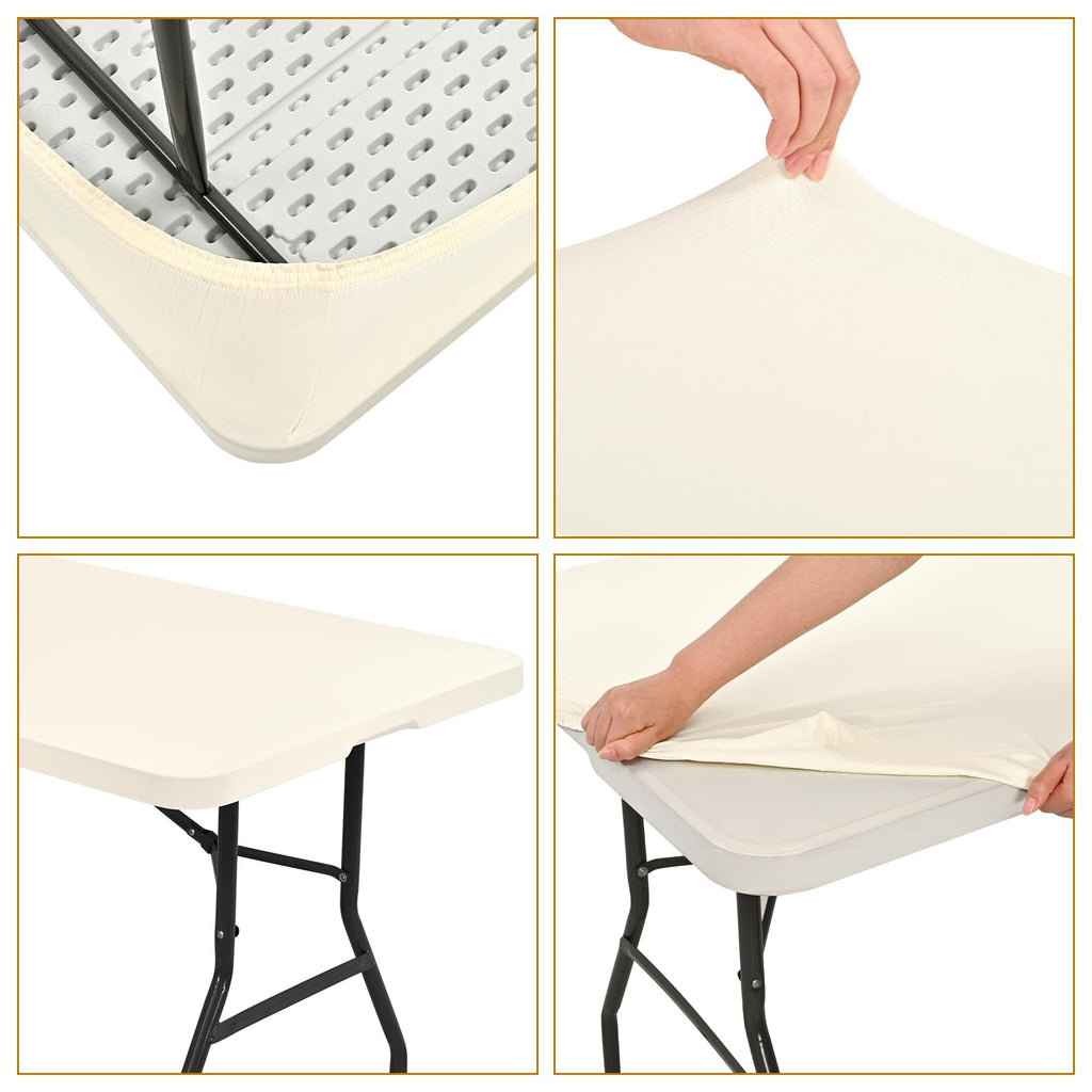 10 Pack Fitted Tablecloth for 8 Foot Rectangle Tables, Ivory Elastic Outdoor Picnic Table Cover, Washable Stretch Folding Table Cloths 8 ft for Camping Party Patio Kitchen Banquet, 30" W x 96" L