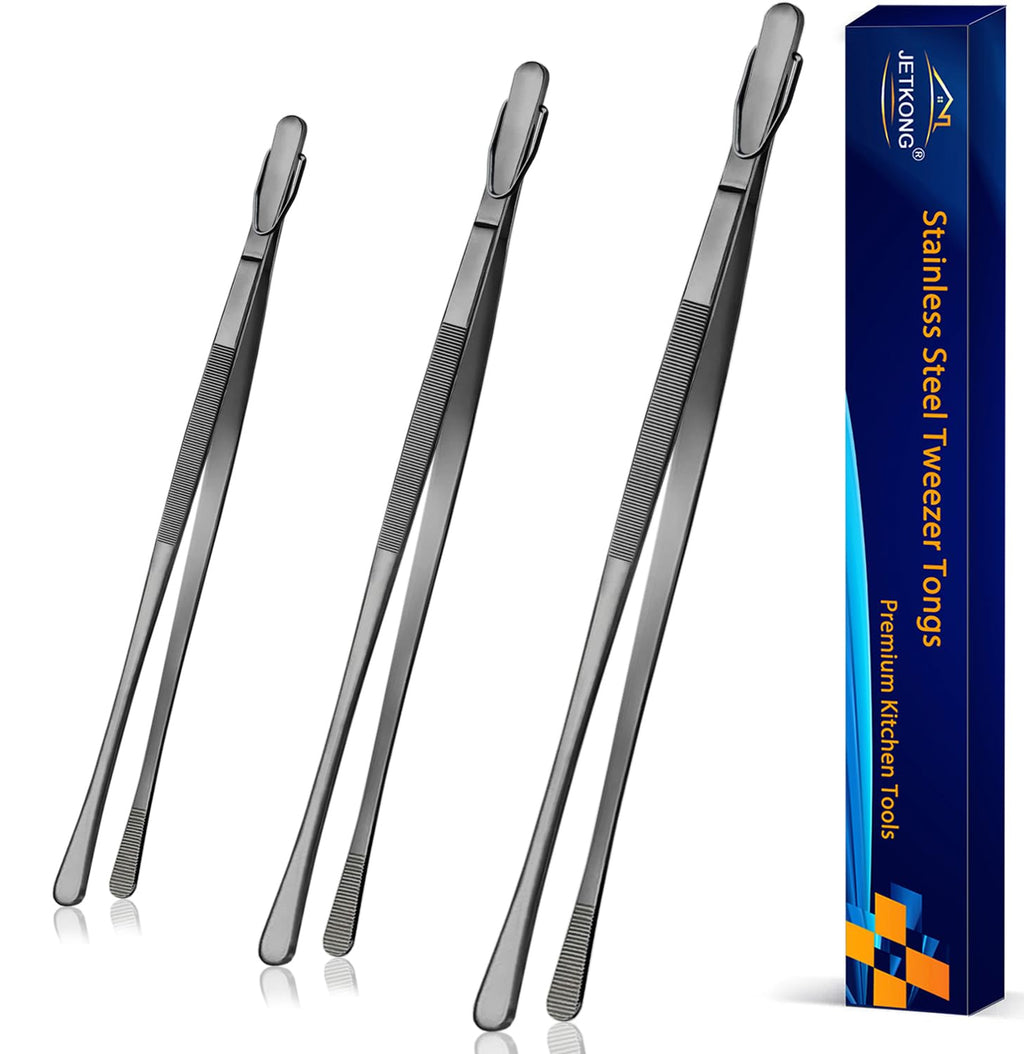 JETKONG 3 Pcs Extra Long Kitchen Tweezers 9 12 14 Inch Heavy Duty Stainless Steel Cooking Tweezers (Round Tips, Black)