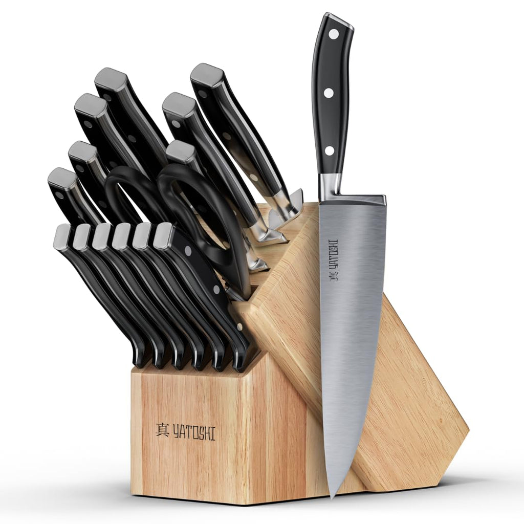 Yatoshi 15 Piece Knife Block Set - Pro Kitchen Knife Set Ultra Sharp High Carbon Stainless Steel with Ergonomic Handle