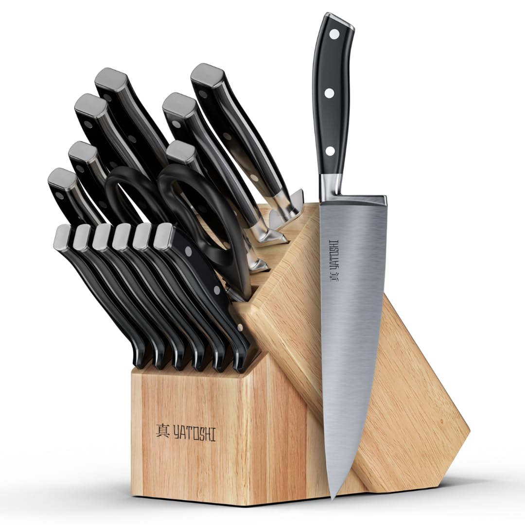 Yatoshi 15 Piece Knife Block Set - Pro Kitchen Knife Set Ultra Sharp High Carbon Stainless Steel with Ergonomic Handle