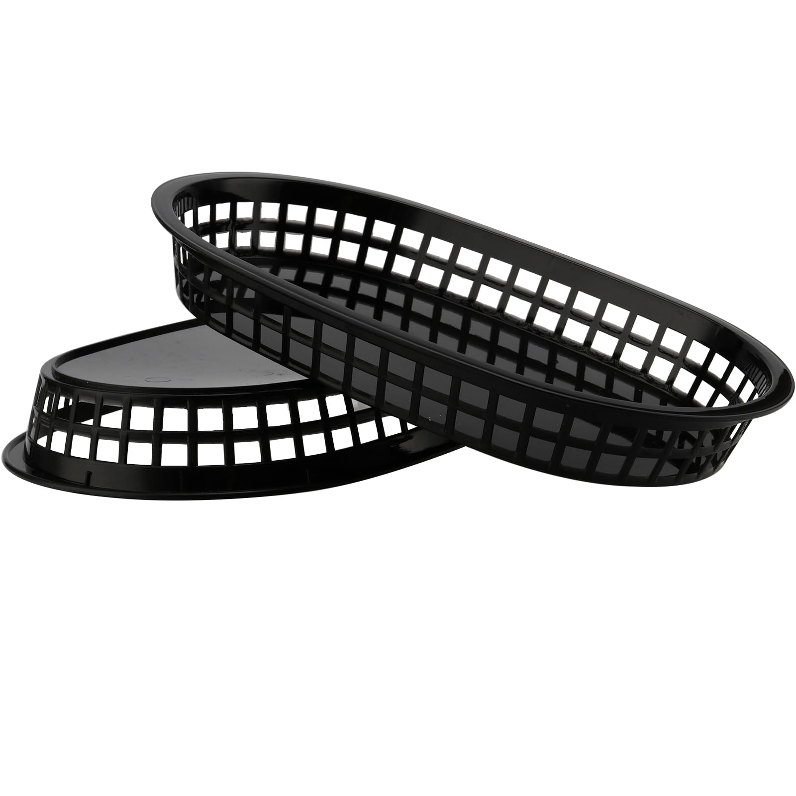 HEIHAK 30 Pack 10.5 x 7 Inch Black Plastic Fast Food Baskets, Restaurant Serving Baskets, Flat Oval Fast Food Serving Basket for Picnic, Deli Serving, Chicken, Burgers and Fries