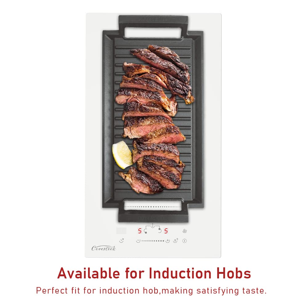 COVERCOOK Griddle Pan, Cast Iron Grill Hot Plate, Rectangular Grill, 2 handles with Ridged Surface for Induction Electric Cooktop，16 x 9inch