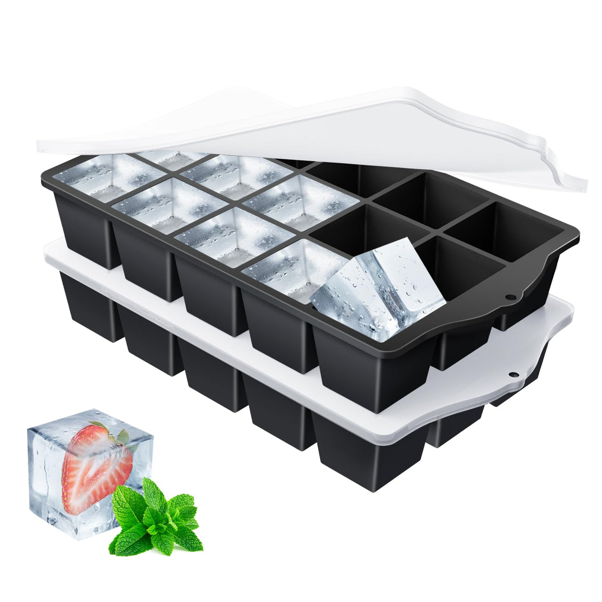 FANYITY Silicone Ice Cube Tray with Lid, Gray, Pack of 2 Ice Cube Moulds, Silicone Mould, BPA-Free, Stackable Ice Cube Tray, Ice Cube Trays for Baby Porridge, Cocktail, Whiskey, Coffee