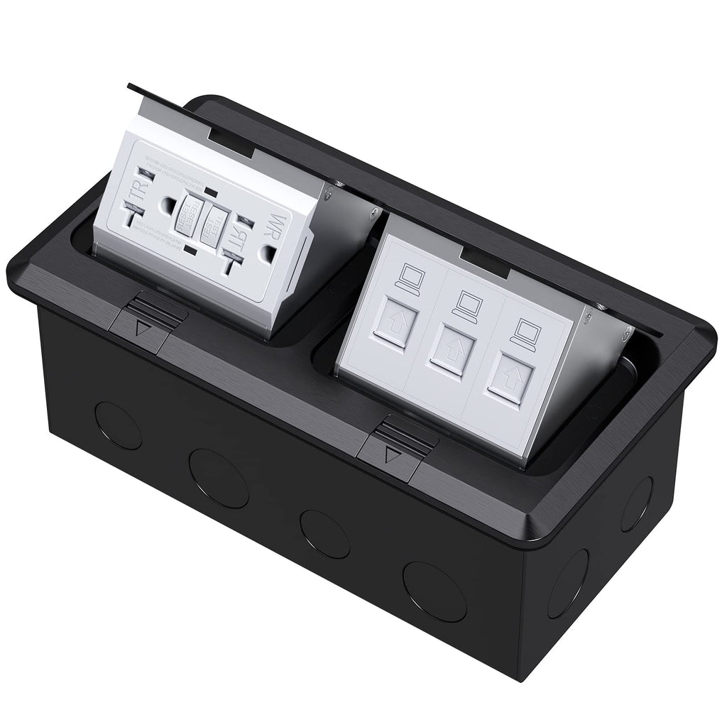 KYHSHJ Dual Pop-Up Floor Electrical Outlet Box Kit，20 Amp Stainless Steel GFCI TR Receptacle Outlet，3-Port RJ45 Datacom Receptacle， Black