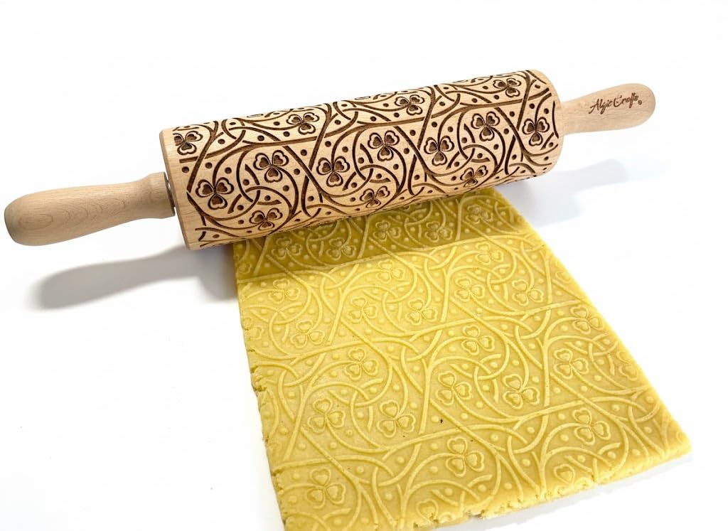 IRISH CLOVER KNOT Embossing Rolling Pin. Dough Roller with Shamrock Pattern for Homemade Cookies and Pottery by Algis Crafts