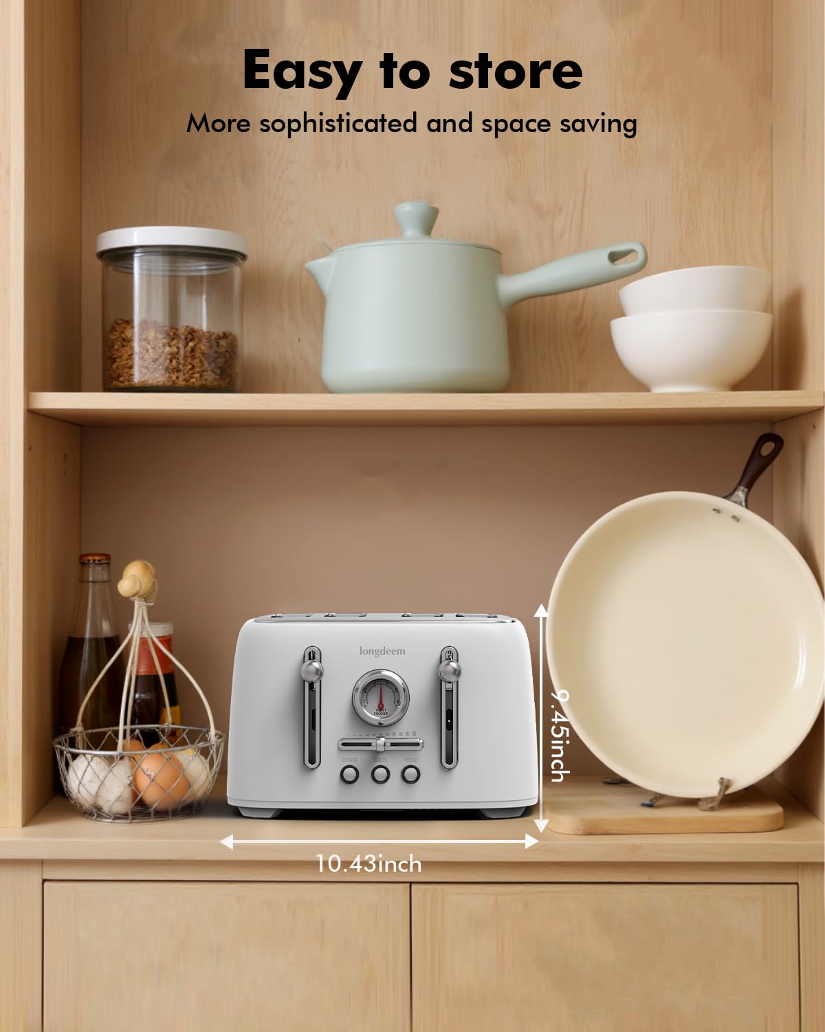 LONGDEEM 4-Slice Stainless Steel Toaster with 1.6" Wide Slots, Retro Bagel Toaster with 6 Browning Levels, Defrost/Bagel/Cancel, Removable Crumb Tray, White