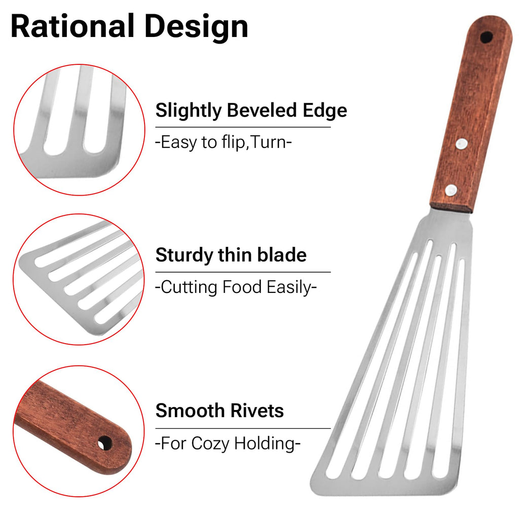 Stainless Steel Fish Spatula with Wooden Handle, Metal Spatula Flipping Foods, Slotted Fish Flipper, Brown 2 Pack