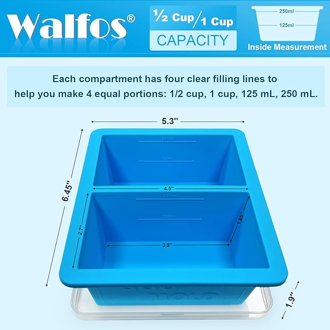 Extra-Large Silicone Freezing Tray with Lid, Walfos 1-Cup Freezer Tray for Soup, Silicone Soup Freezer Container For Storing and Freezing Soup, Broth, Sauce and Ice, 2 Pack