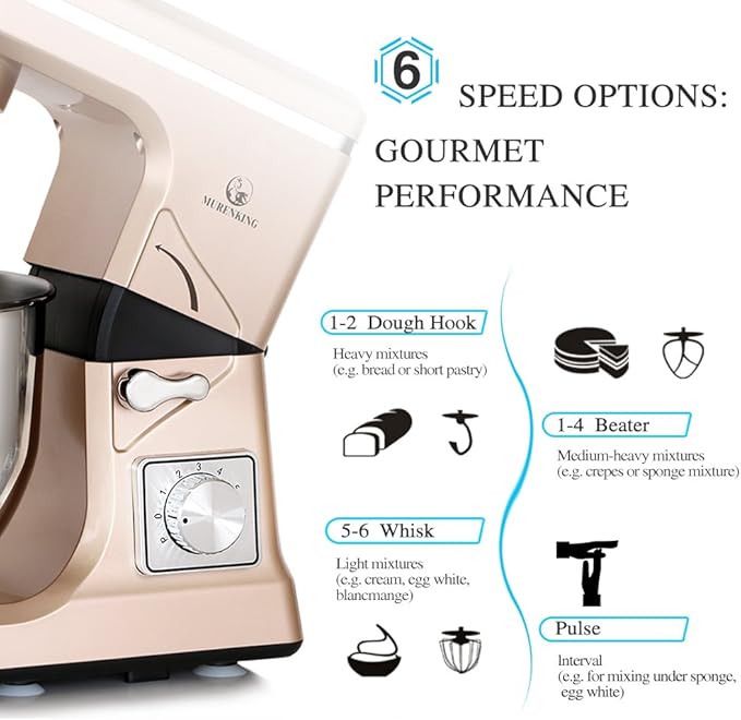 MURENKING Stand Mixer,5.3-Qt & 500W & 6+P Speed MK36 Tilt-Head Kitchen Electric Food Mixers Home Baking Dough Machine with Accessories (Champagne)