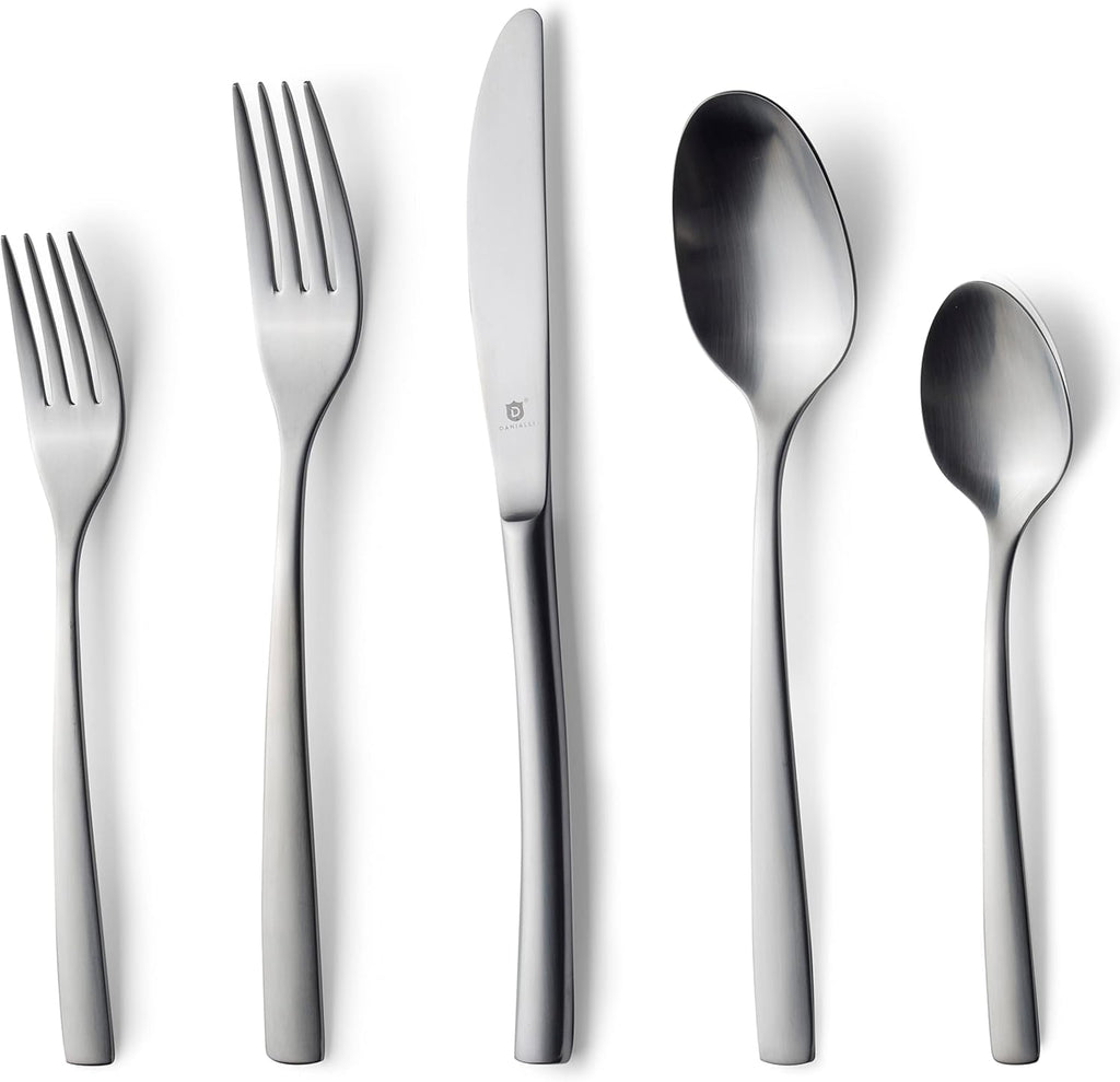 Danialli Matte Silverware Set, 18/10 Stainless Steel Satin Flatware, Modern Brushed Finish Cutlery, Dishwasher Safe & Durable, Built to Last (40-Piece, Marettimo)