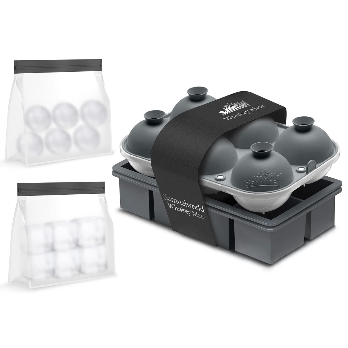 Samuelworld Premium Ice Tray Combo, Large Ice Sphere Maker & Giant Ice Cube Trays, 2 Packs, Food Grade, Easy To Use, Spill-Free Integrated Funnels, Whiskey Bourbon Cocktails (Black)