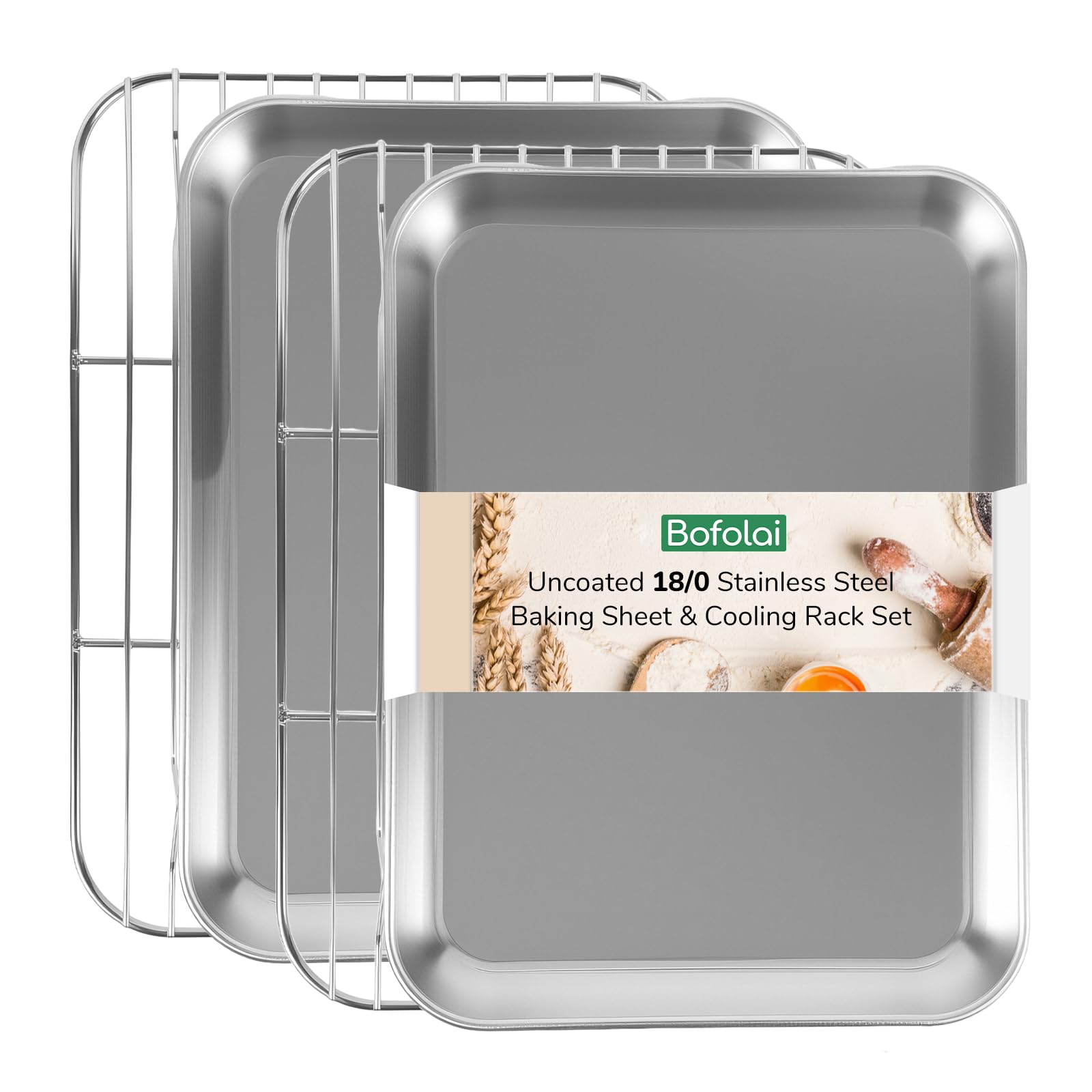 Bofolai 18/0 Stainless Steel Baking Sheet with Cooling Rack, Oven-Safe Non-Toxic Cookie Sheets for Baking, Set of 4, Coating Free & Rust Resistant for Healthy Family Baking, Easy to Clean, Heavy-Duty