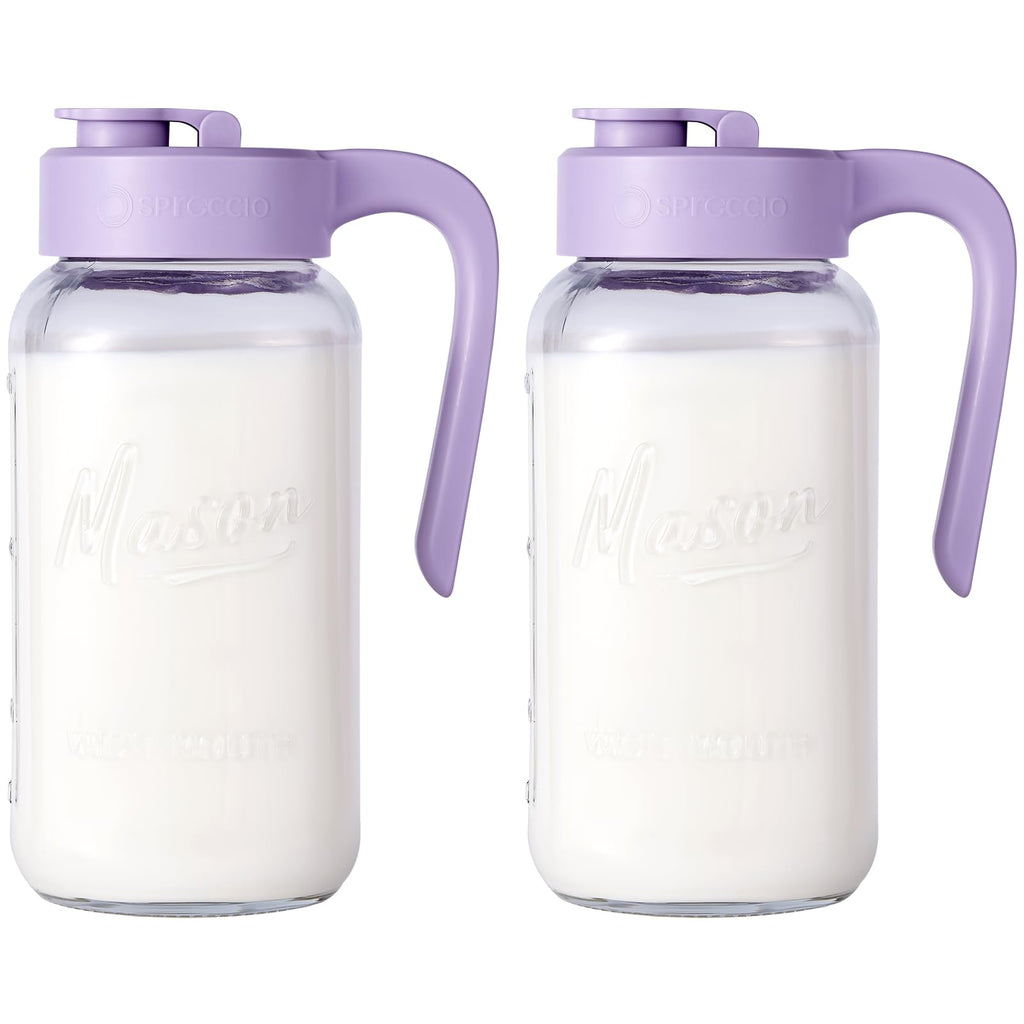 Spreccio Mason Jar Pitcher, 2 pcs 64 oz (2 quart), Glass Pitcher with Lid