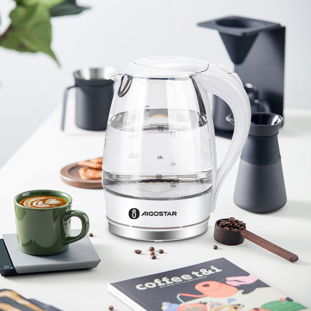 Aigostar Electric Kettle, 1500W Glass Electric Tea Kettle Rapid Heating, Borosilicate Glass, Auto Shutoff and Boil-Dry Protection, Hot Water Boiler BPA Free and Cordless with LED Indicator, 1.7 Liter