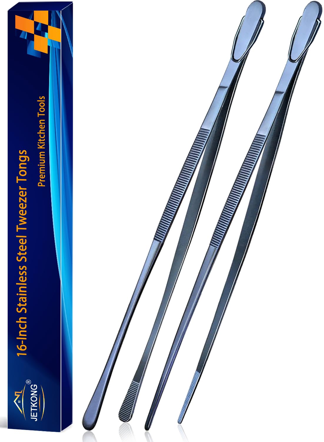 JETKONG 2 Pcs 12-Inch Cooking Tweezer Tongs Stainless Steel Kitchen Tweezers Plating Tongs (Navy Blue)