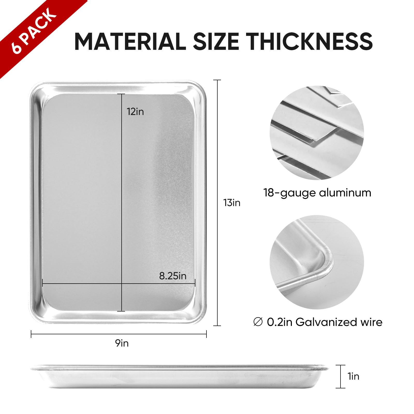 TENUP 6 Pack Aluminum Quarter Sheet Pan, 13" x 9" Heavy Duty Commercial Baking Tray Reinforced Rim, Warp-Resistant Rust-Free