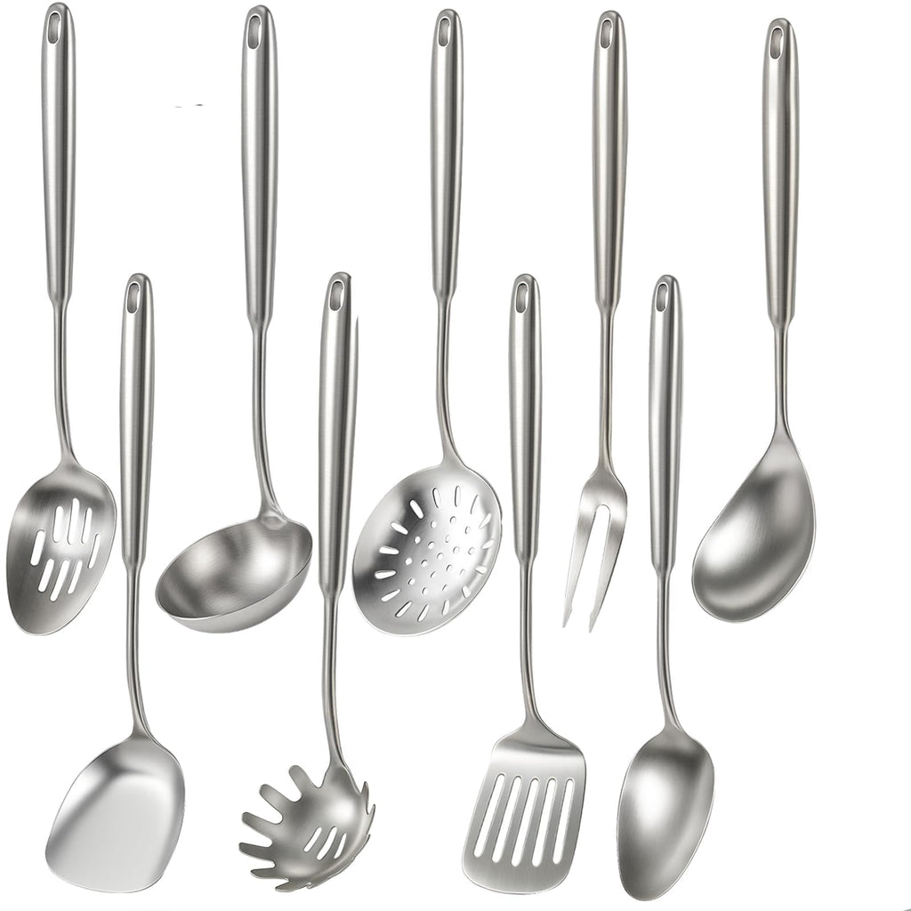 Newness 9 Pcs Cooking Utensils Set, 304 Stainless Steel Kitchen Utensils Set, Metal Kitchen Accessories, Include Soup Ladle, Slotted Skimmer Spoon, Spaghetti Spoon and Spatula, Dishwasher Safe