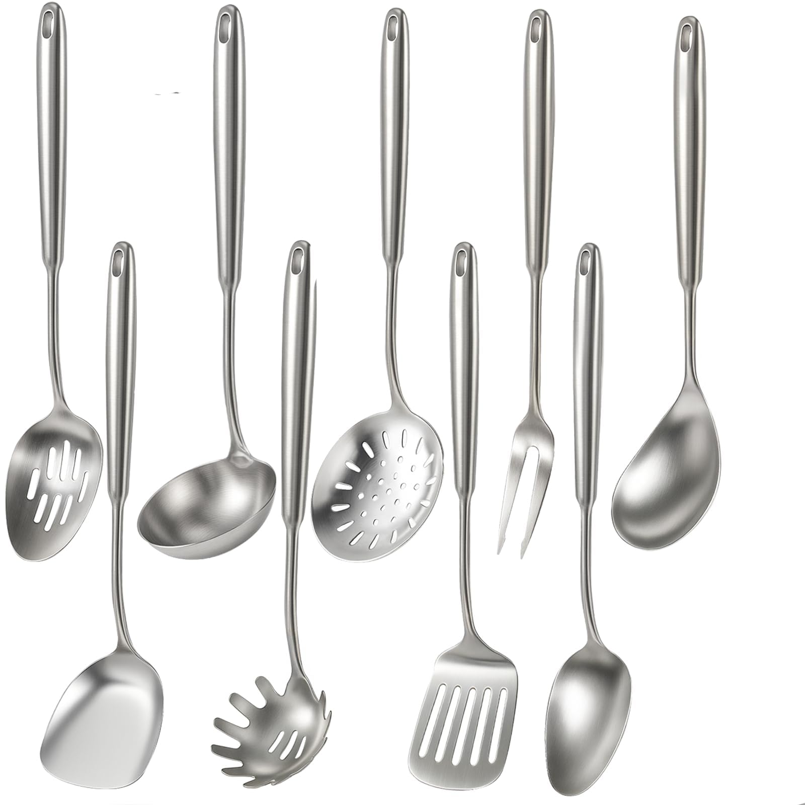 Newness 9 Pcs Cooking Utensils Set, 304 Stainless Steel Kitchen Utensils Set, Metal Kitchen Accessories, Include Soup Ladle, Slotted Skimmer Spoon, Spaghetti Spoon and Spatula, Dishwasher Safe