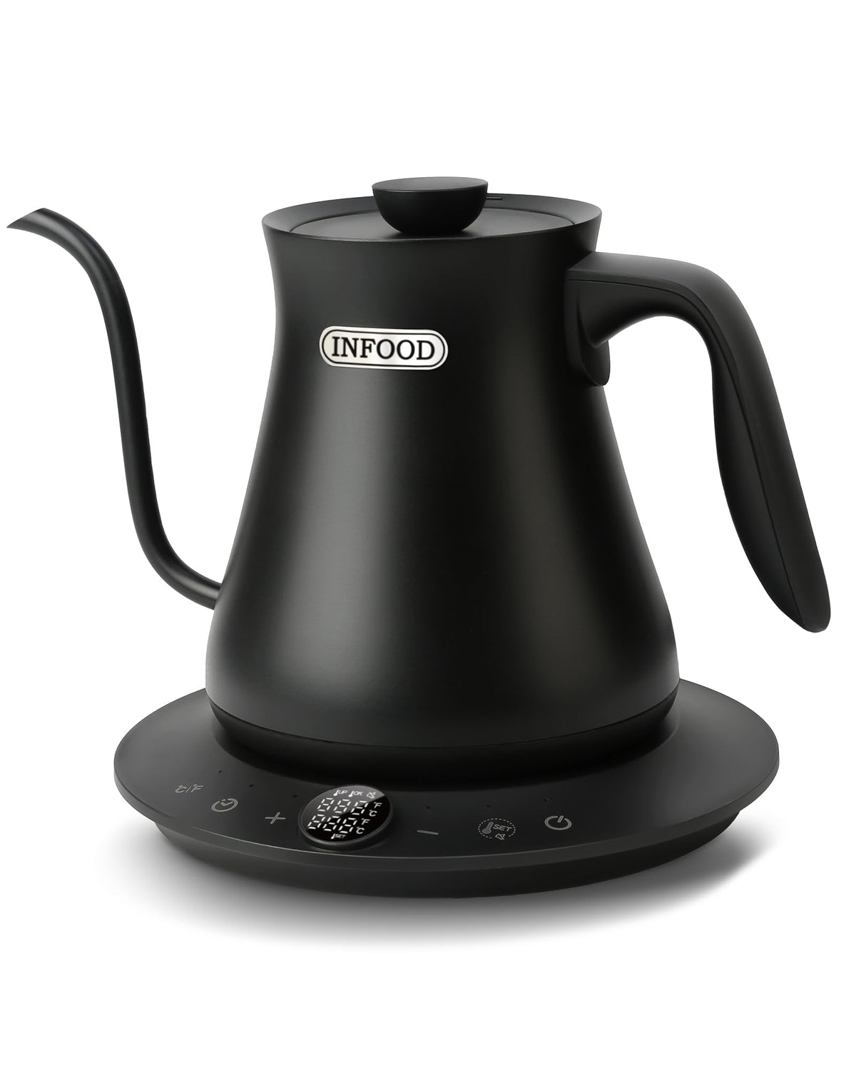 INFOOD 0.8L Gooseneck Electric Kettle, Precise Temperature Control for Pour Over Coffee & Tea, 1200W Fast Boiling Water, Auto Shut Off, Scheduling, Stainless Steel, Black