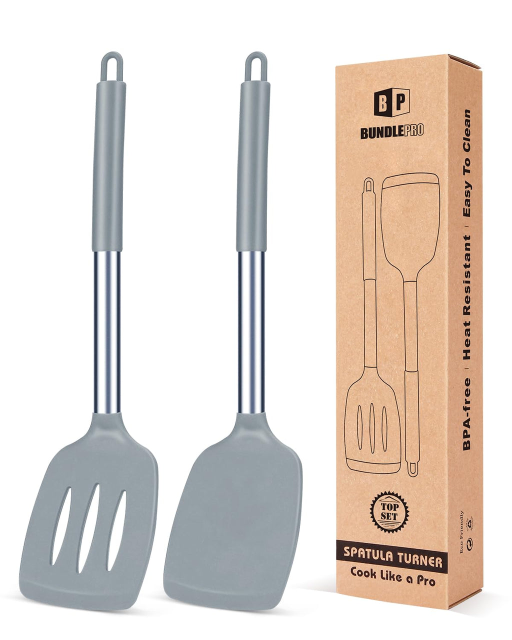 Pack of 2 Silicone Solid Turner, Non Stick Slotted Kitchen Spatulas, High Heat Resistant BPA Free Cooking Utensils, Ideal Cookware for Fish, Eggs, Pancakes(Gray)