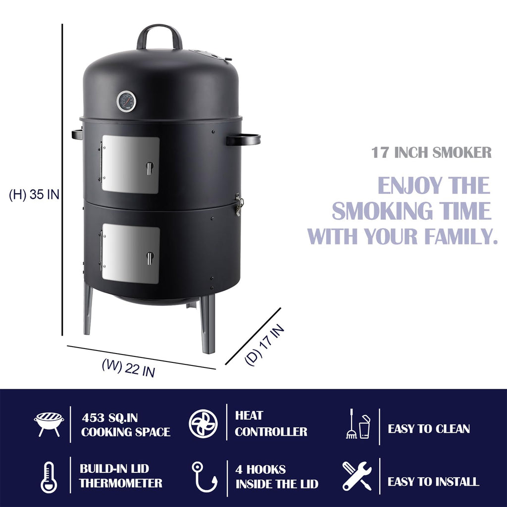 Realcook Charcoal Smoker BBQ Grill: Premium Vertical Meat Smokers with Smoke Tube - Barbecue Charcoal Grill Combo for Outdoor Cooking Patio Backyard Grilling Tailgating