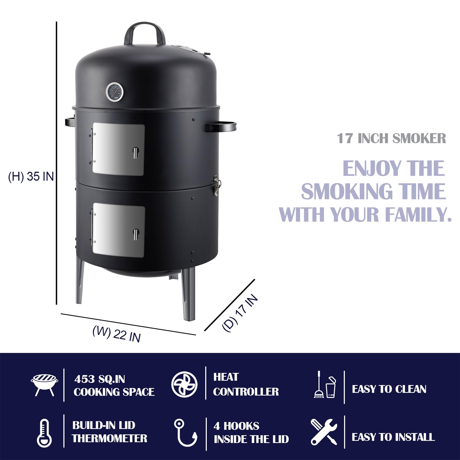 Realcook Charcoal Smoker BBQ Grill: Premium Vertical Meat Smokers with Smoke Tube - Barbecue Charcoal Grill Combo for Outdoor Cooking Patio Backyard Grilling Tailgating