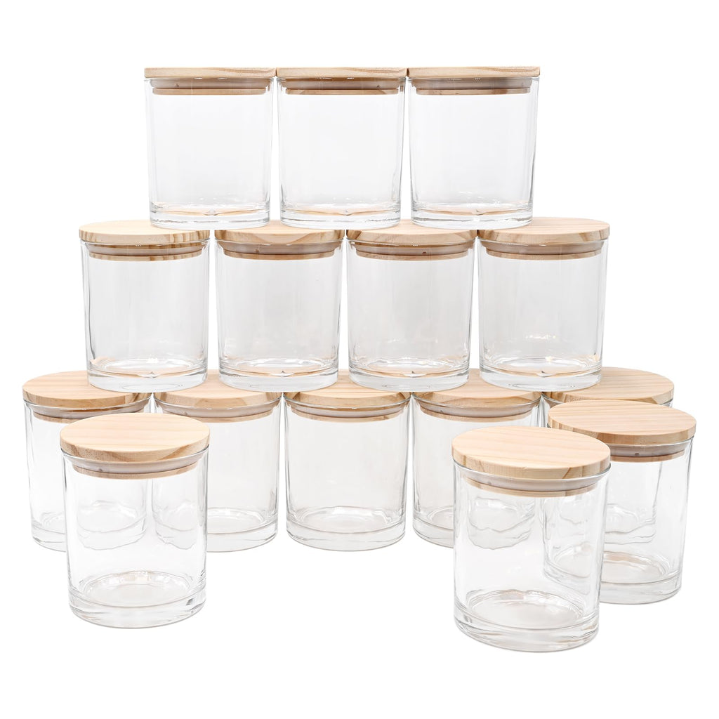 SHOWIN 10 OZ Thick Candle Jars for Making Candles 15 Pcs, Empty Jars with Wood Lids for Candle Making, Sample Container, Frosted Grey
