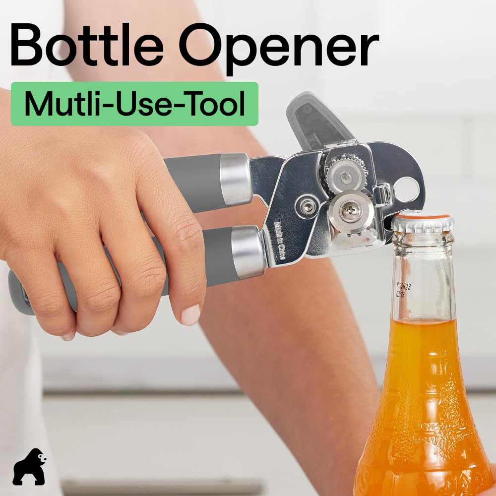 GORILLA GRIP Original Model Stainless Steel Smooth Edge Manual Can Opener and Bottle Openers, US Designed, Comfortable Handle, Oversized Handheld Turn Knob, Multifunctional Kitchen Tool, Gray