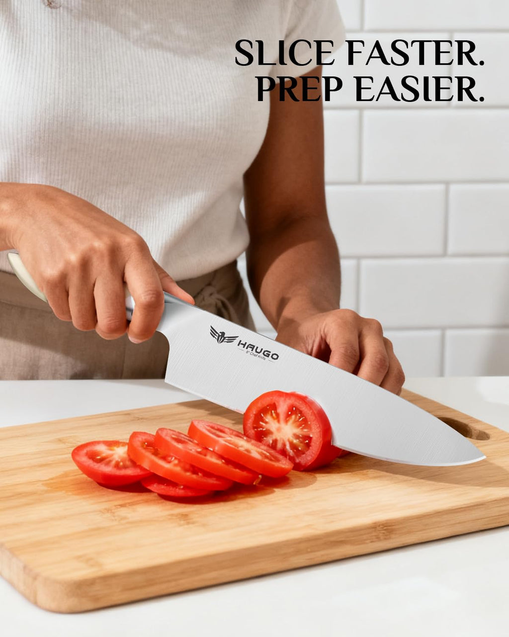 Haugo Kitchen Knife Set with Block: 14-Piece German Stainless Steel Full Tang Professional Knife - Comfortable Grip Reduces Hand Fatigue 30% - Dishwasher Safe & Sharpener - White Knife Set for Cooking