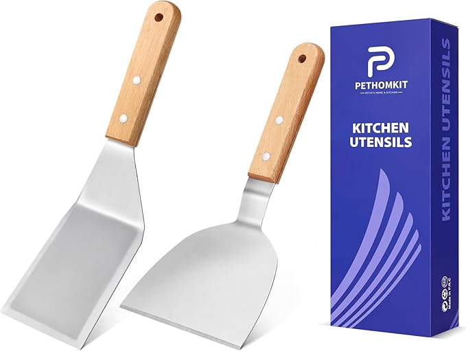 Metal Spatula Set,Fish Griddle Spatulas,Stainless Steel Spatula Turner with Wooden Handle,Small Wide Beveled Edges Spatulas Flippers for Cast Iron Skillet, Pancake, Egg, Burger, Omelet, 2 Pack
