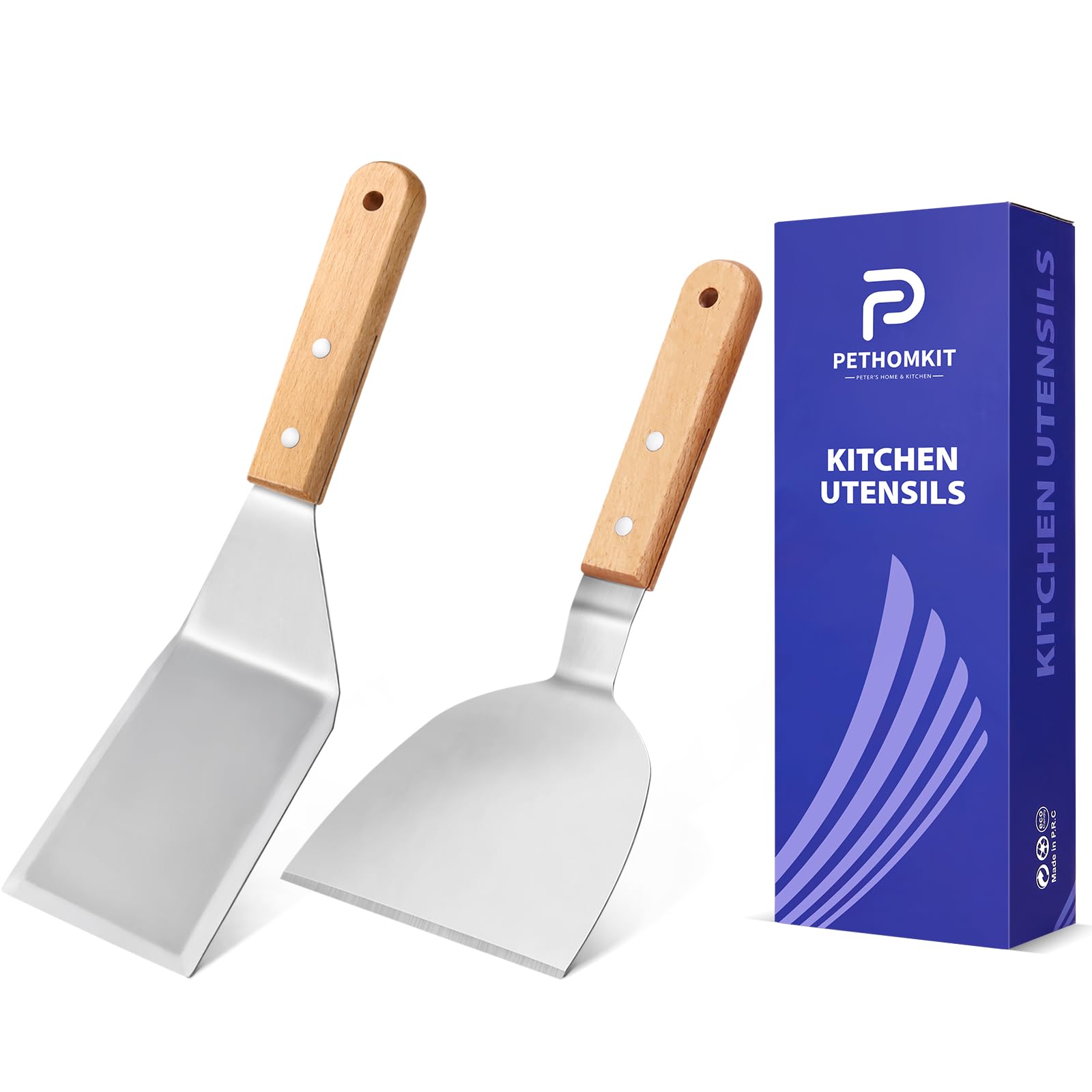 PETHOMKIT Metal Spatula Turner Set with Wide Beveled Edge for Grill,2 Pack