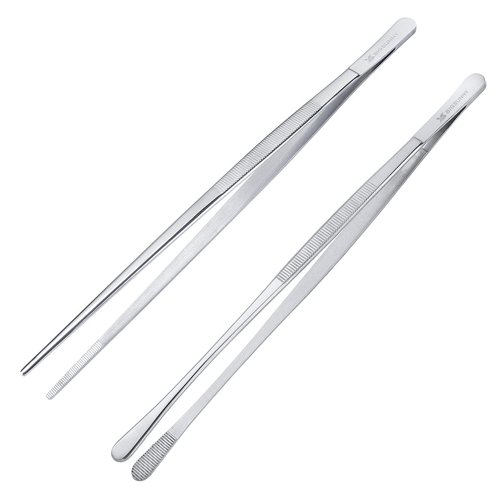 MSY BIGSUNNY Stainless Steel Food Tweezers Multi-function Cooking Tongs Kitchen Serving Tong (12" Round & 12" Pointed Tweezers)