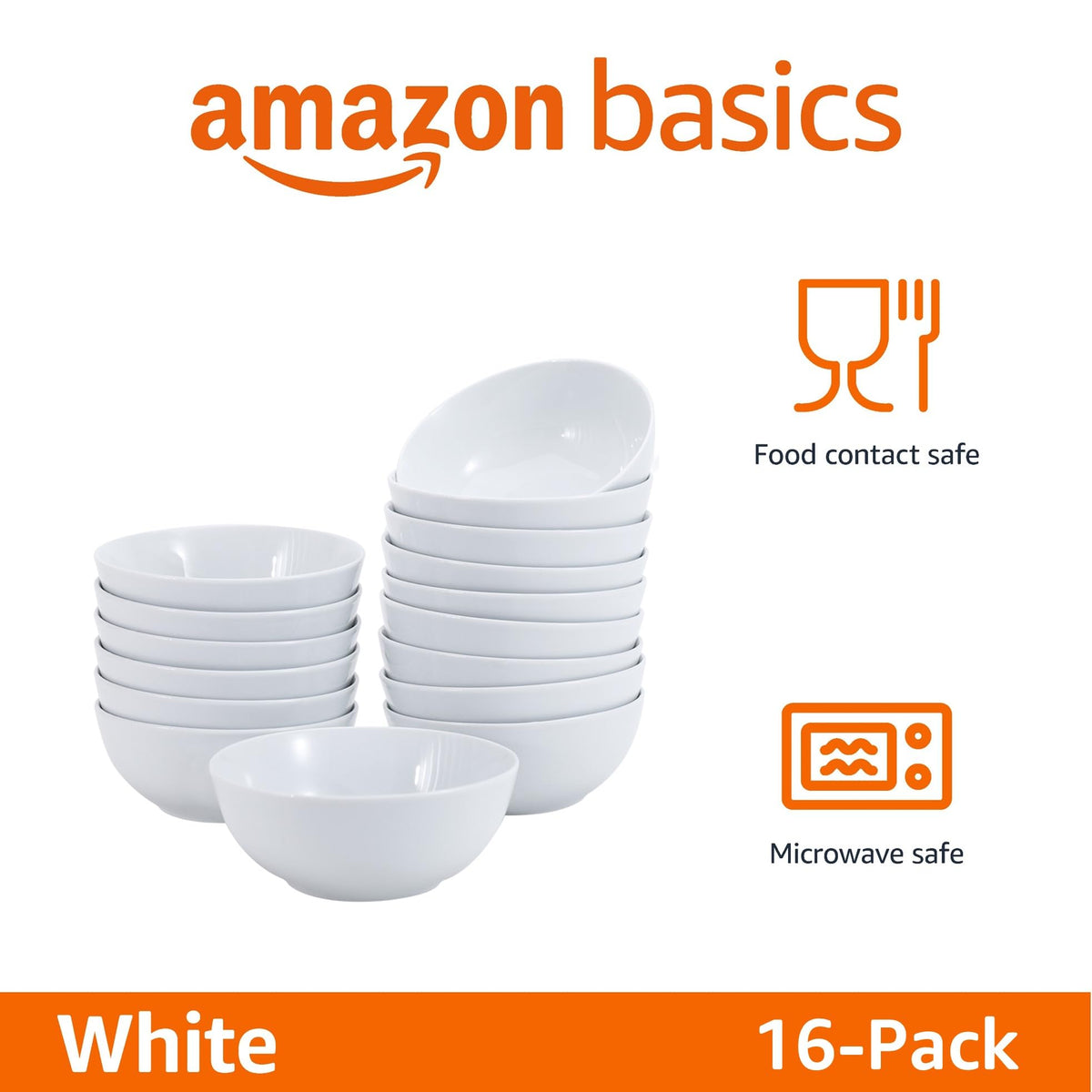 Amazon Basics 16-Pack White Porcelain Coupe Soup Bowl, 5.9" Diameter, Round, Microwave-Safe, Commercial-Grade