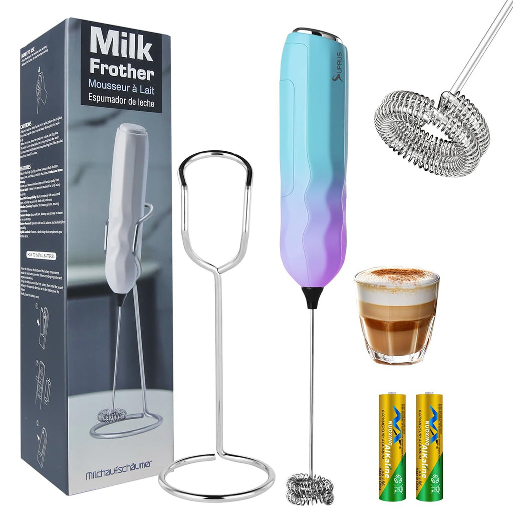 SUPRUS Ultra Fast Handheld Milk Frother Double Whisk with Stand 2 Batteries Stainless Steel for Lattes Cappuccino Matcha Hot Chocolate Coffee Bar Accessories Kitchen Gadgets Gift