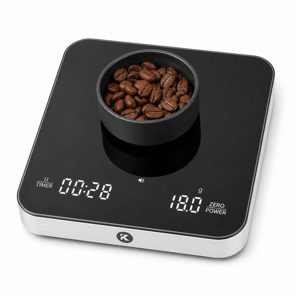KitchenTour CaféMetric Coffee Scale with Timer 0.1g/2000g - Precision Small Scale for Espresso & Pour Over - Mini Scale with LED Display AAA Battery Black