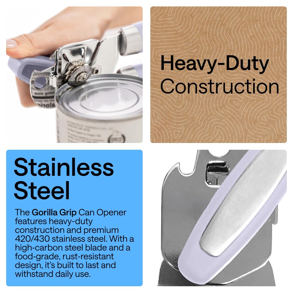 GORILLA GRIP Original Model Stainless Steel Smooth Edge Manual Can Opener and Bottle Openers, US Designed, Comfortable Handle, Oversized Handheld Turn Knob, Multifunctional Kitchen Tool, Lavender