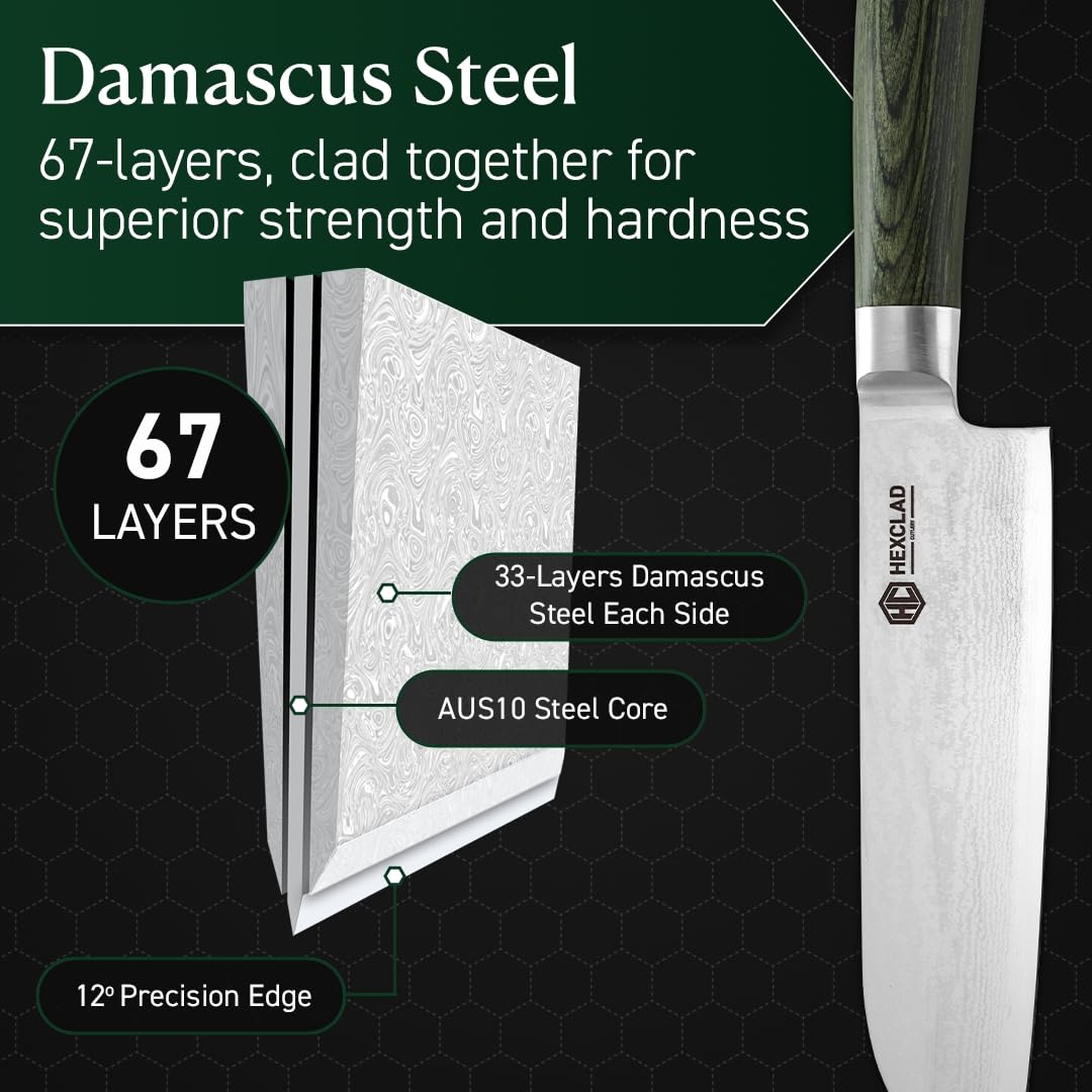 HexClad 7" Japanese Damascus Stainless Steel Santoku Knife, Full Tang