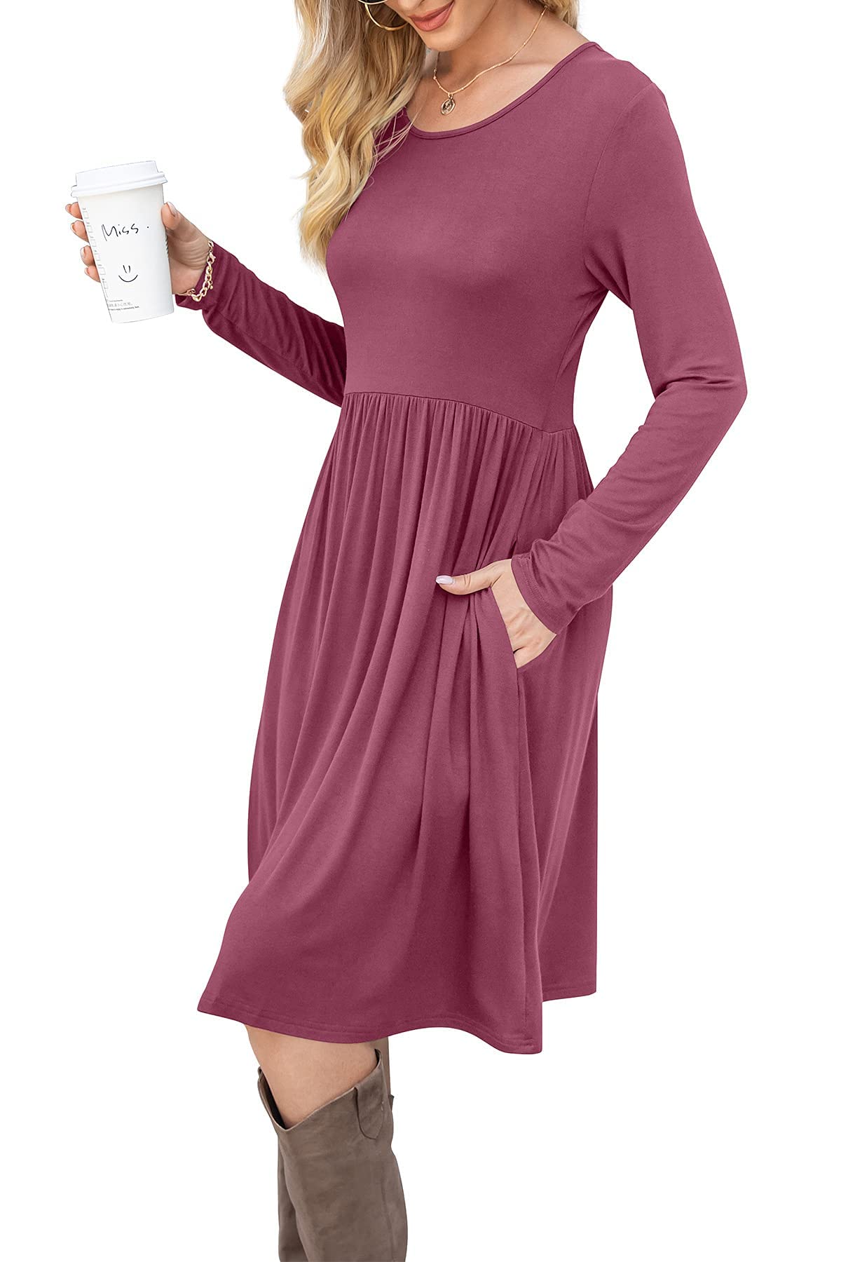 DB MOON Women Casual Long Sleeve Dresses Empire Waist Loose Dress with Pockets (Mauve, L)
